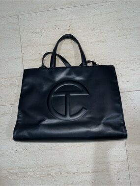 Telfar Black Leather Shopping Tote with Embossed Logo